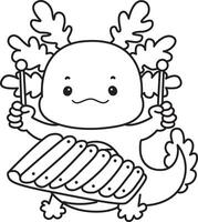Outline of axolotl playing a xylophone. Coloring pages of Funny pink axolotl in daily routine stickers. vector