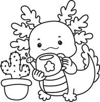 Outline of axolotl watering a cactus. Coloring pages of Funny pink axolotl in daily routine stickers. vector