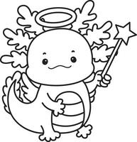 Outline f axolotl wearing a fairy costume. Coloring pages of Funny pink axolotl in daily routine stickers. vector