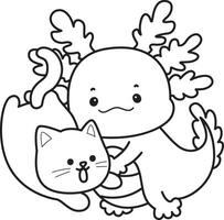 Outline of axolotl with cat. Coloring pages of Funny pink axolotl in daily routine stickers. vector