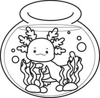 Outline of axolotl in the aquarium. Coloring pages of Funny pink axolotl in daily routine stickers. vector