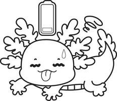 Outline of axolotl very tired. Coloring pages of Funny pink axolotl in daily routine stickers. vector