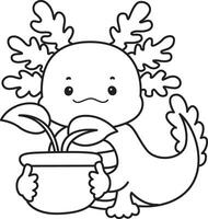 Outline of axolotl bring a leaves in the pot. Coloring pages of Funny pink axolotl in daily routine stickers. vector
