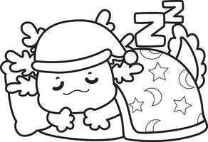 Outline of axolotl sleeping in the bed. Coloring pages of Funny pink axolotl in daily routine stickers. vector