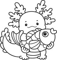 Outline of axolotl bring a gold fish. Coloring pages of Funny pink axolotl in daily routine stickers. vector