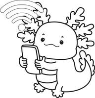 Outline of axolotl bring a phone. Coloring pages of Illustration of cute axolotl. vector