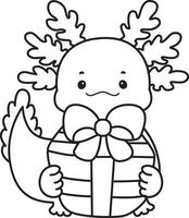 Outline of axlotl bring a gift box. Coloring pages of Illustration of cute axolotl. vector