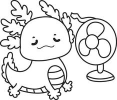 Outline of axolotl feel the air from the fan. Coloring pages of Illustration of cute axolotl. vector