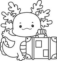 Outline of axolotl bring a travelling bag. Coloring pages of Illustration of cute axolotl. vector