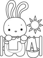 Outline of bunny dry and clean the clothes. Coloring pages of cute bunny icon. vector