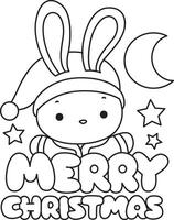 Outline of santa bunny with merry christmas text. Coloring pages of cute bunny icon. vector