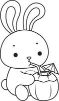 Outline fo bunny drinking a coconut drink. Coloring pages of cute bunny icon. vector