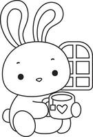 Outline of bunny drink a hot tea. Coloring pages of cute bunny icon. vector