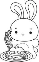 Outline of bunny want to eating spaghetti. Coloring pages of cute bunny icon. vector