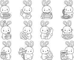 Outline of variation of junk food and snack by bunny. vector