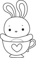 Outline of bunny stuck in the tea.Coloring pages of cute bunny icon. vector