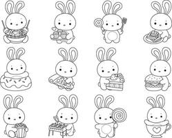 Outline of bunny in the variation of fast food and dessert. Coloring pages of cute bunny icon. vector