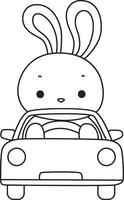 Outline of bunny driving a car. Coloring pages of cute bunny icon. vector