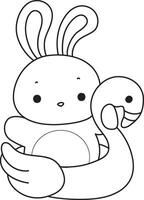 Outline of bunny stuck in the flamingo tire. Coloring pages of cute bunny icon. vector