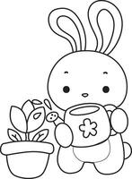 Outline of bunny watering a plants. Coloring pages of cute bunny icon. vector