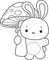 Outline of bunny bring a mushroom. Coloring pages of cute bunny icon. vector