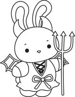 Outline of bunny wearing a red devil costume. Coloring pages of cute bunny icon. vector