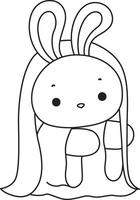 Outline of bunny wearing a white ghost costume in halloween. Coloring pages of cute bunny icon. vector