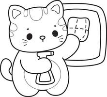 Outline of cat cleaning the window with spray and wipe. Coloring pages of Kawaii animal kitty for scrapbook and sticker. vector