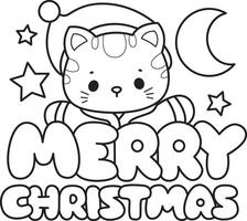 Outline of santa cat with merry christmas text. Coloring pages of Kawaii animal kitty for scrapbook and sticker. vector
