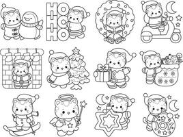 Outline of merry christmas of cat. Coloring pages of Kawaii animal kitty for scrapbook and sticker. vector