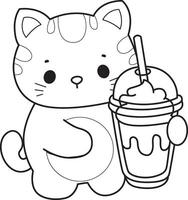 Outline of cat bring a milkshake. Coloring pages of Kawaii animal kitty for scrapbook and sticker. vector