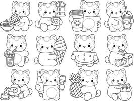 Outline of cat in the variation of drink and beverage. Coloring pages of Kawaii animal kitty for scrapbook and sticker. vector