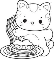 Outline of cat want to eating spaghetti. Coloring pages of Kawaii animal kitty for scrapbook and sticker. vector
