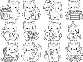 Outline of cat in the variation of street food and snack. Coloring pages of Kawaii animal kitty for scrapbook and sticker. vector