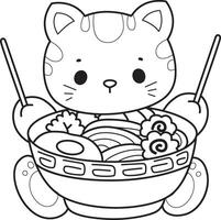 Outline of cat eating a ramen. Coloring pages of Kawaii animal kitty for scrapbook and sticker. vector