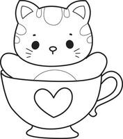 Outline of cat stuck in the cup of tea. Coloring pages of Kawaii animal kitty for scrapbook and sticker. vector