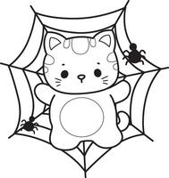 Outline of cat stuck in the spider web. Coloring pages of Kawaii animal kitty for scrapbook and sticker. vector