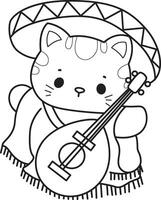 Outline of cat wearing an indiana costume. Coloring pages of Kawaii animal kitty for scrapbook and sticker. vector