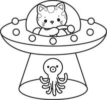 Outline of cat riding a space ship. Coloring pages of Kawaii animal kitty for scrapbook and sticker. vector