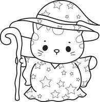 Outline of cat wearing a witch costume. Coloring pages of Kawaii animal kitty for scrapbook and sticker. vector