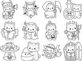Outlineof kitten in the variation of halloween costume. Coloring pages of Kawaii animal kitty for scrapbook and sticker. vector