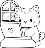 Outline of kitten typing in the notepad. Coloring pages of Kawaii animal kitty for scrapbook and sticker. vector