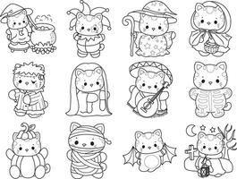 Outline of happy halloween by kitten. Coloring pages of Kawaii animal kitty for scrapbook and sticker. vector