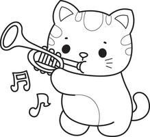 Outline of kitten playing a trumpet. Coloring pages of Kawaii animal kitty for scrapbook and sticker. vector