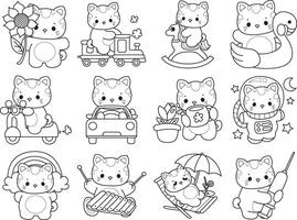 Outline of kitty in the variation of transportation. Coloring pages of Kawaii animal kitty for scrapbook and sticker. vector