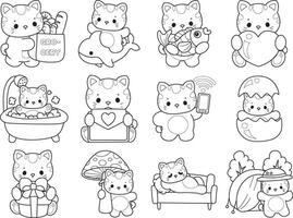 Outline of ca with variation of daily life. Coloring pages of Kawaii animal kitty for scrapbook and sticker. vector