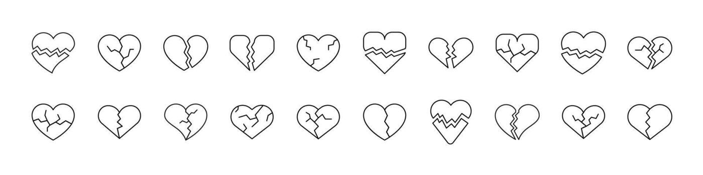 Broken Heart Line Icon Set. Outline Signs for Graphic and Web Design, Apps, Adverts, Various Cards vector