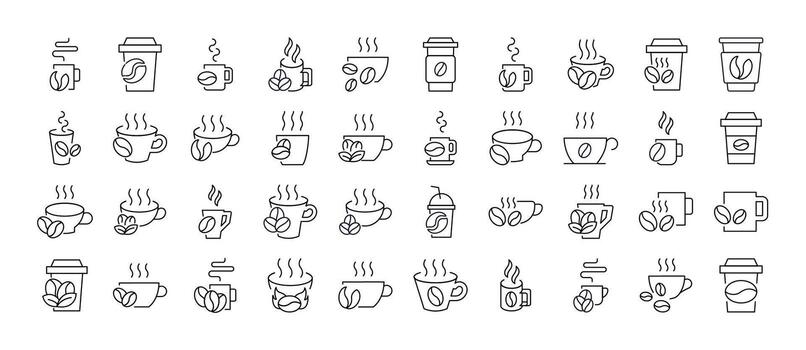 Coffee Beans with Mug Line Icon Collection. Outline Signs for Graphic and Web Design, Apps, Adverts, Various Cards vector