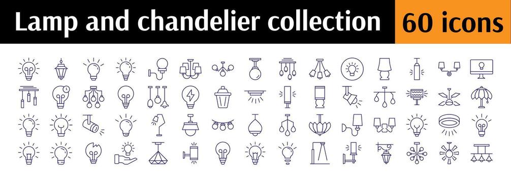 Pack of Illumination Related Line Icons. Light Bulb, Lamp, Luster, Chandelier Outline Signs for Graphic and Web Design, Apps, Adverts, Various Cards vector