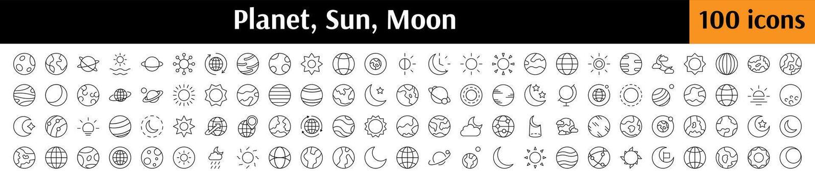 Cosmos Thin Line Icon Set. Planet, Sun, Moon Outline Signs for Graphic and Web Design, Apps, Adverts, Various Cards vector